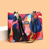 Femmes-Nylon-Bloc-De-Couleur-Style-Classique-Carr-Fermeture-clair-Sac-Main